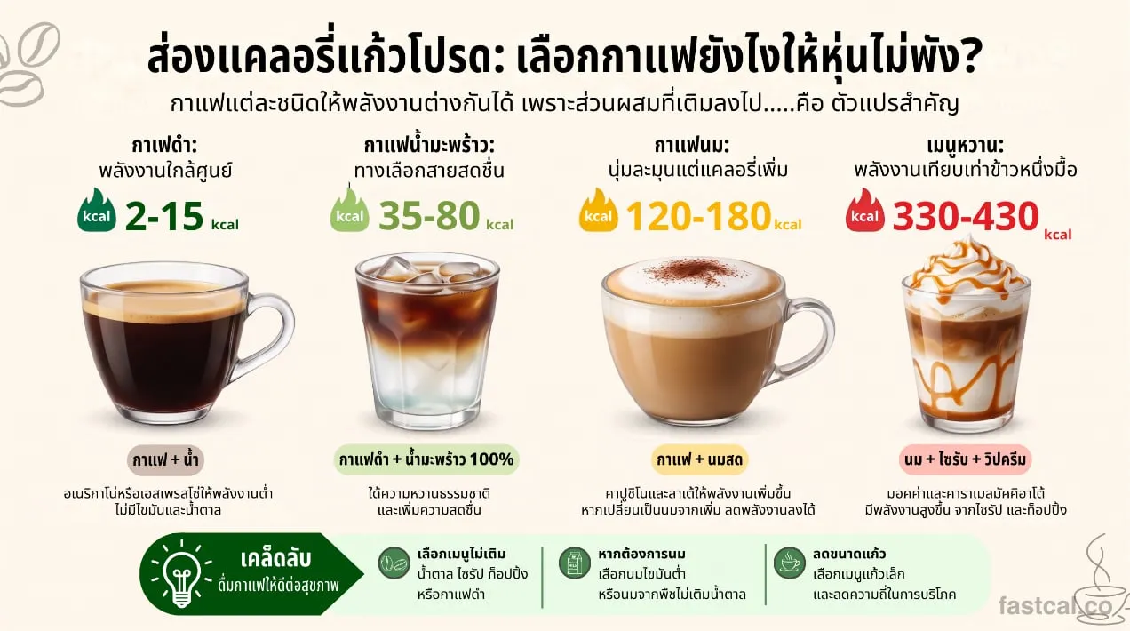 แคลอรี่กาแฟแต่ละเมนู กาแฟดำ กาแฟน้ำมะพร้าว กาแฟนม และเมนูหวาน